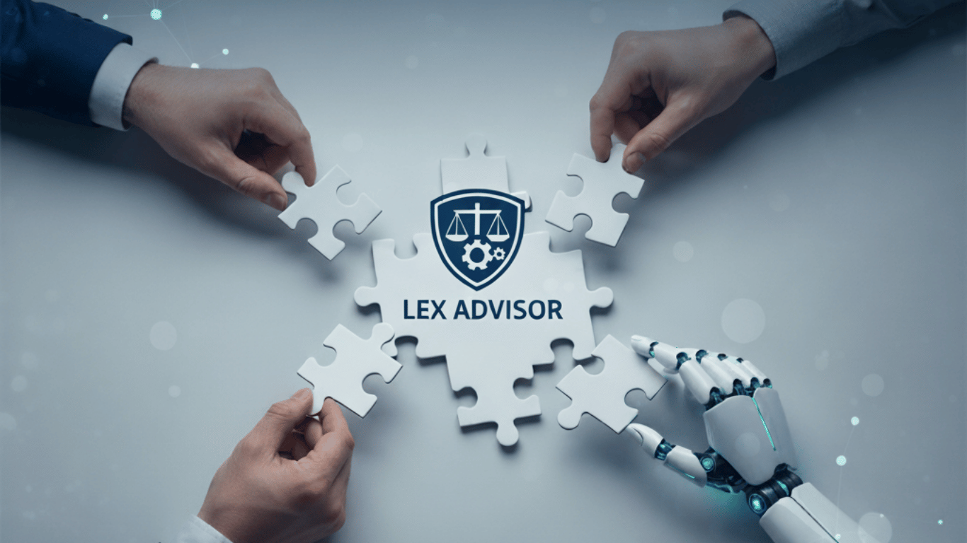 Ilustración conceptual para Marketing NeuroDigital: Cuatro manos (dos humanas de traje, una casual y una robótica) intentan armar un rompecabezas con el logo de 'Lex Advisor' en el centro. Las piezas no encajan, simbolizando el desafío y la frustración del marketing fragmentado que busca unificar su estrategia con la ayuda de la IA. El estilo es profesional y tecnológico en tonos azules y grises.